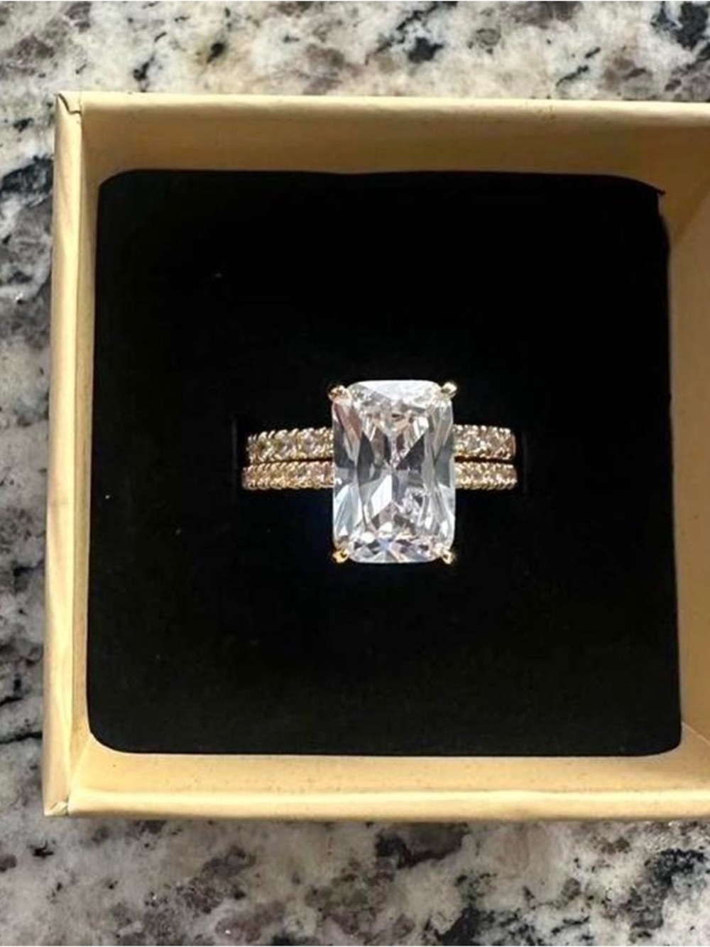 Amazon Gold-Tone Double Band Ring with Clear Cushion-Cut Center